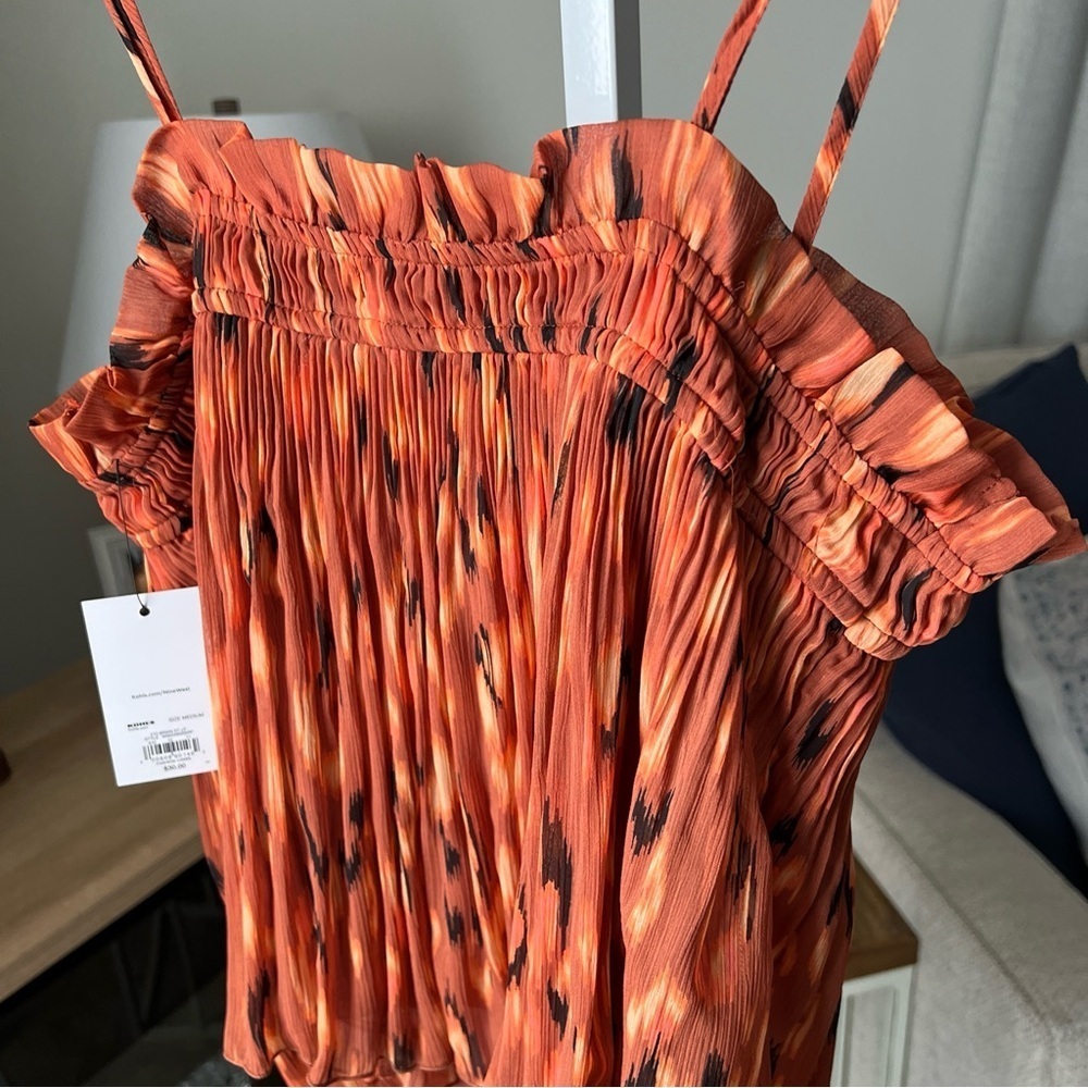 NINE WEST M RUST ORANGE BLACK IKAT LEOPARD PLEAT SMOCKED RUFFLE TANK TOP NWT - Picture 9 of 14
